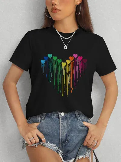 Heart Round Neck Short Sleeve T-Shirt Women's T-Shirts - Tophatter Daily Deals